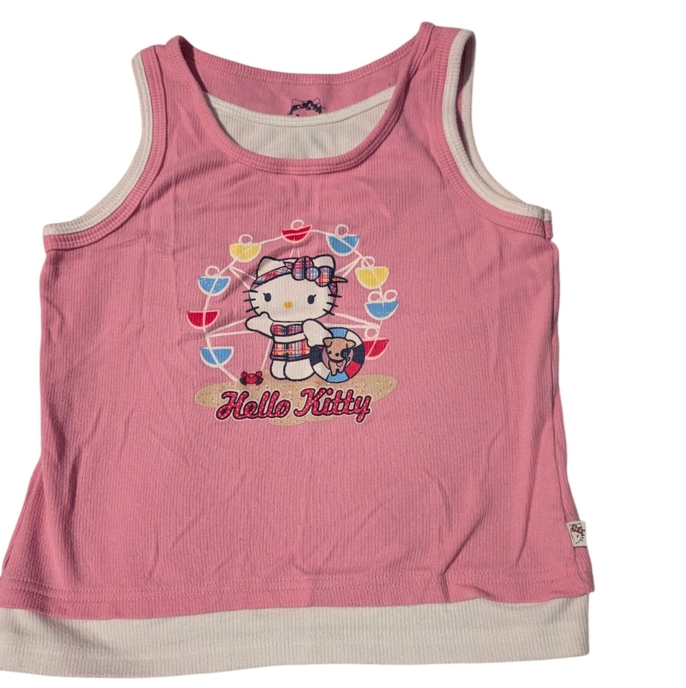 Hello Kitty Pink & White Double Layer Kids Tank‎ Top Glitter Kawaii Plaid L